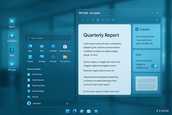 Blue-tinted Windows 11 desktop showing an AI Copilot PDF editor with floating app panels.