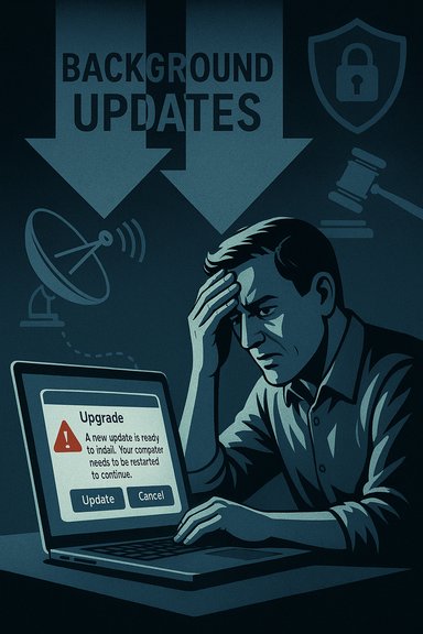 A worried man stares at a laptop as background updates prompt a restart.