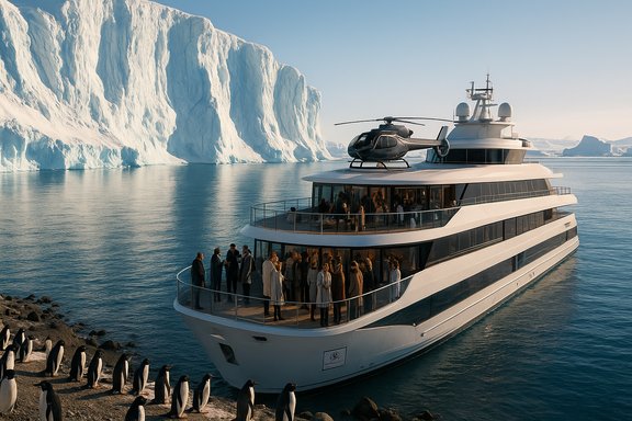 A luxury yacht with a helicopter moors beside icy Antarctic cliffs as penguins gather on the shore.