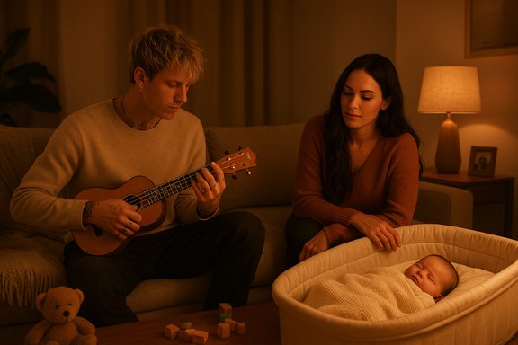 A couple sits on a couch in a living room as a man plays a ukulele beside a baby in a bassinet.