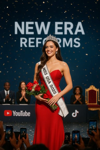 Miss USA winner in a red gown, crown, and bouquet on stage amid confetti.