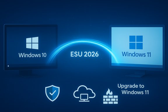 Two monitors display Windows 10 and Windows 11 with an ESU 2026 upgrade arc.