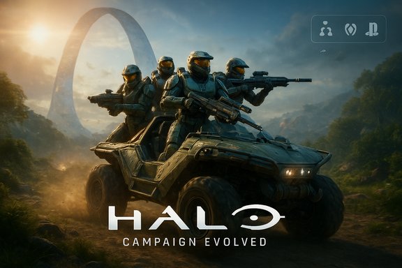 Halo soldiers ride a Warthog through a dusty landscape with a giant ring in the background.