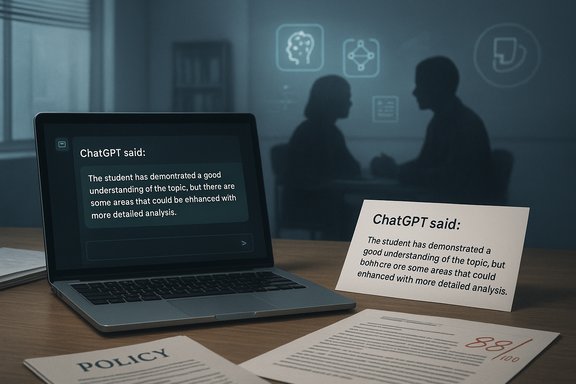 Laptop screen shows ChatGPT feedback; a printed card repeats the same comment in a modern classroom.