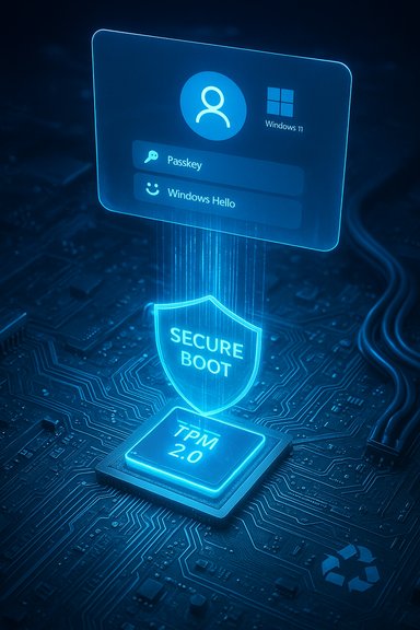 Windows 11 login panel hovers above a glowing Secure Boot shield and TPM 2.0 chip.
