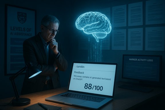 A man studies a laptop displaying Turnitin feedback as a glowing blue brain hologram floats nearby.