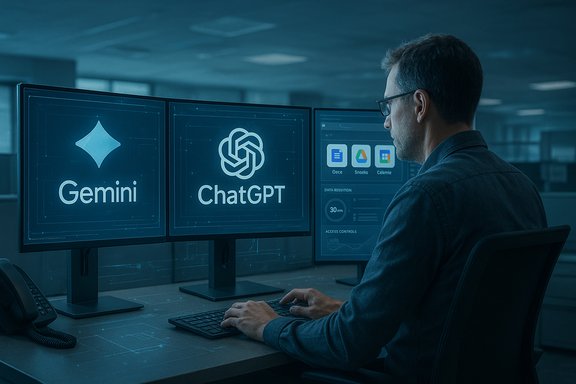 A man sits at a multi-monitor setup displaying Gemini and ChatGPT logos.