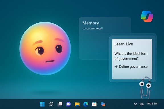 A colorful gradient emoji floats beside memory prompts and a Learn Live card on a blue desktop. A colorful gradient emoji floats beside memory prompts and a Learn Live card on a blue desktop.