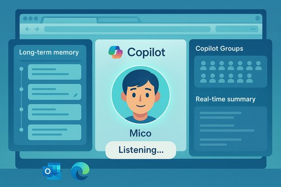 Copilot UI illustration showing Mico’s profile with memory, groups, and real-time listening.