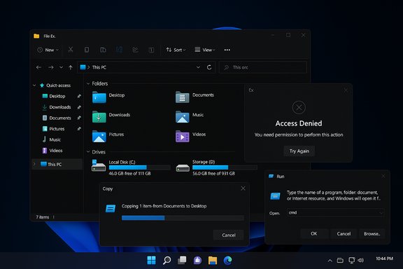 Dark Windows file explorer showing Access Denied and copy-progress dialogs.