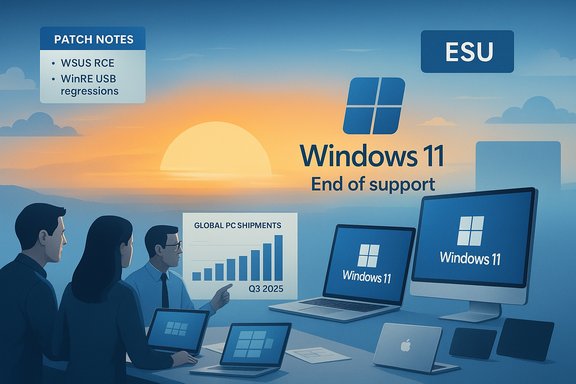 Windows 11 end of support briefing with analysts presenting charts and various devices.