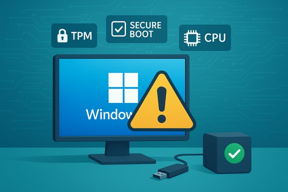 Windows desktop with a warning symbol amid TPM, Secure Boot, and CPU icons.