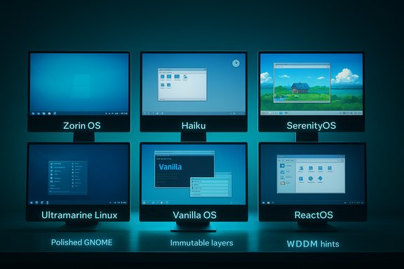 Six monitors display different OS interfaces: Zorin OS, Haiku, SerenityOS, Ultramarine Linux, Vanilla OS, ReactOS.
