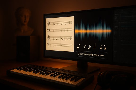 Desk setup with a MIDI keyboard, monitor showing sheet music and a waveform, and headphones.