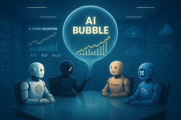 Robots sit around a table, watching a glowing AI Bubble chart dominate the room.