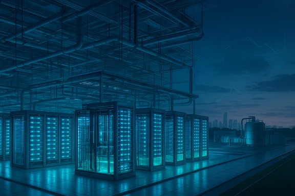 Blue-toned data center with glowing server racks and exposed overhead pipes.