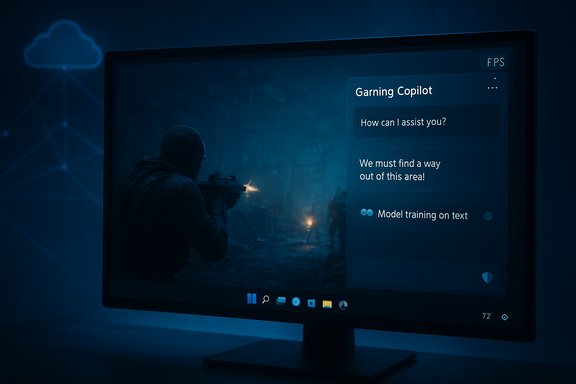 A soldier fires a gun in a blue-toned war game displayed on a monitor with an AI chat panel.