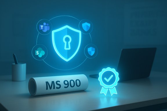 Rolled MS 900 document beside a glowing shield cybersecurity graphic with app icons and a check badge.