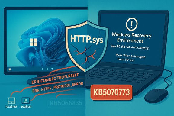 Split-screen Windows error illustration with an HTTP.sys shield and ERR_CONNECTION_RESET.