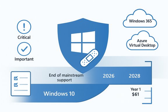 Infographic showing Windows 10 end of mainstream support and migration options to Windows 365 and Azure Virtual Desktop.