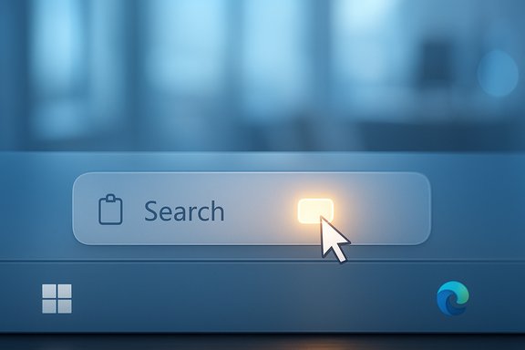A cursor clicks the glowing “Search” button on a blue UI.