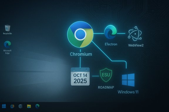 Tech-themed Windows 11 wallpaper showing Chromium linked to Electron, WebView2, ESU Roadmap, and Oct 14 2025.