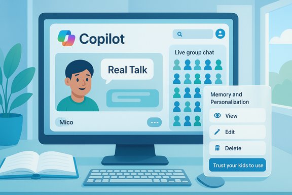 A Copilot UI illustration showing Real Talk chat and memory/personalization panel.