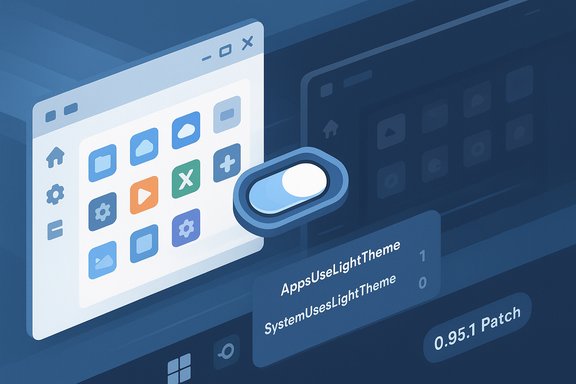 Isometric UI illustration of app icons with a light-theme toggle and patch notes.