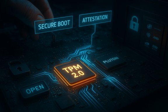 Glowing TPM 2.0 chip on a circuit board, surrounded by secure boot and attestation labels.