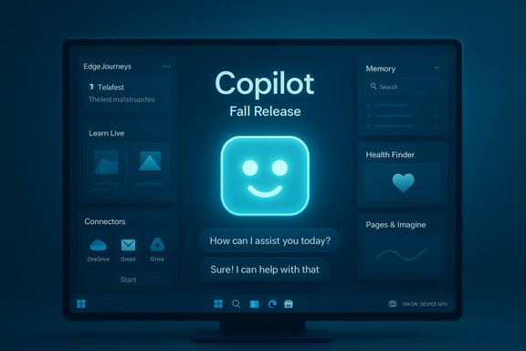 Glowing blue Copilot Fall Release interface with chat prompts and dashboard panels.