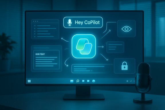 Blue neon UI on a monitor displays 'Hey CoPilot' with a central app icon and a desk microphone.