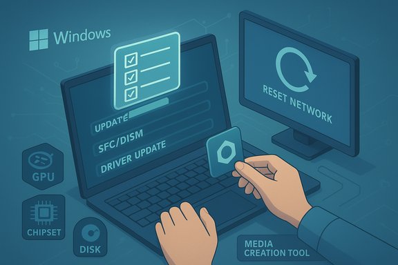 Windows-themed tech setup showing driver updates and a network reset on a laptop and monitor.