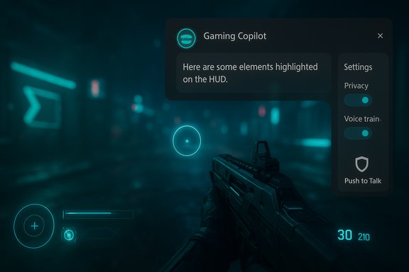 Futuristic FPS view with neon HUD elements and a Gaming Copilot overlay.