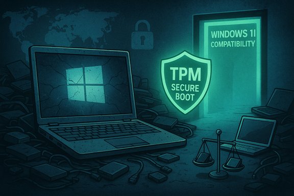 Cracked laptop amid security symbols, highlighting TPM Secure Boot and Windows 11 compatibility.