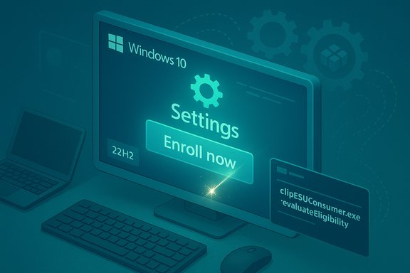 Windows 10 settings screen showing a large 'Enroll now' button and 22H2 label.
