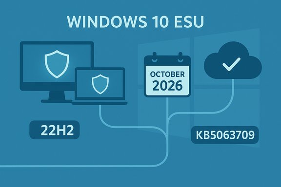 Windows 10 ESU: October 2026, 22H2, with KB5063709 security updates.