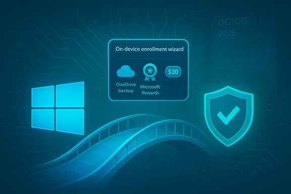 Tech-themed illustration with Windows logo, on-device enrollment wizard, and security shield.