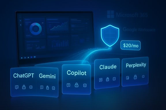 Blue holographic dashboard shows AI copilots (ChatGPT, Gemini, Copilot, Claude, Perplexity) at $20/mo.