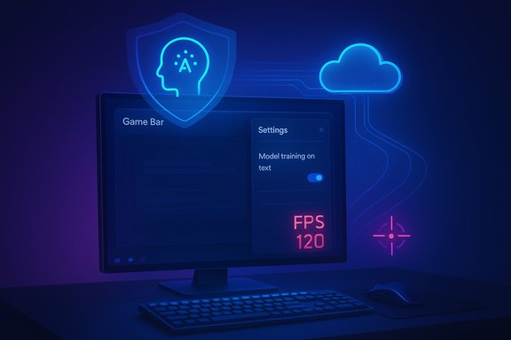 Neon-blue gaming setup featuring a monitor with FPS 120, AI shield icon, and cloud graphics.