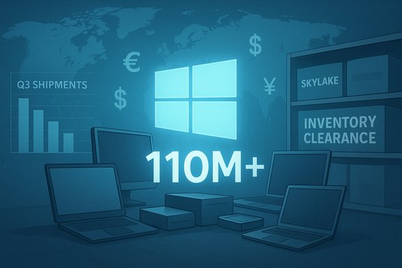Glowing Windows logo with 110M+ over a global business dashboard and laptops.
