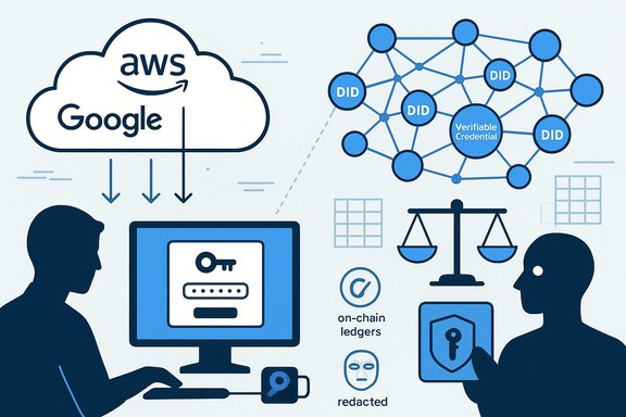 Cloud computing with AWS and Google, verifiable credentials, and a blockchain network.