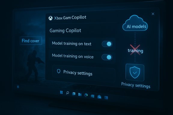 Dark blue monitor screen showing Xbox Game Copilot UI with toggles for text and voice training.
