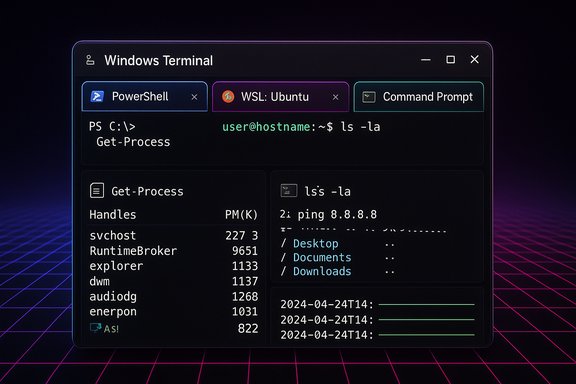 Windows Terminal with tabs for PowerShell, WSL: Ubuntu, and Command Prompt showing process lists. Windows Terminal with tabs for PowerShell, WSL: Ubuntu, and Command Prompt showing process lists.