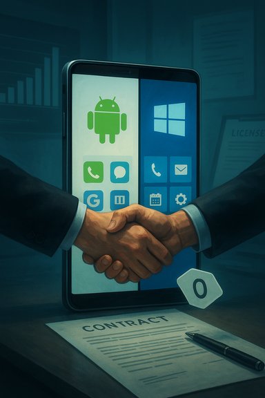 Two businessmen shake hands in front of a tablet showing Android and Windows icons, beside a contract.