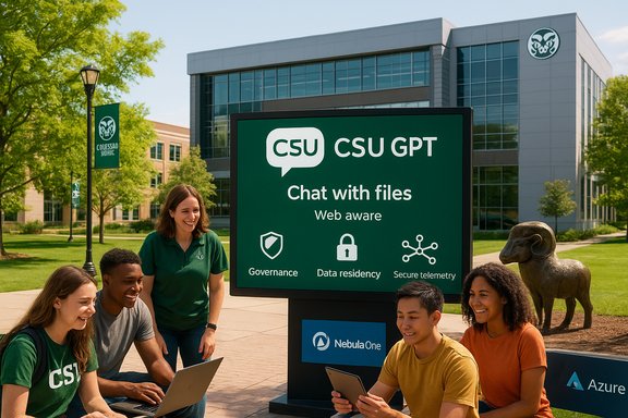CSU students gather around a large CSU GPT display on campus promoting chat with files.