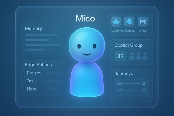 Mico AI avatar at the center of a glassy dashboard displaying memory, actions, and group info. Mico AI avatar at the center of a glassy dashboard displaying memory, actions, and group info.