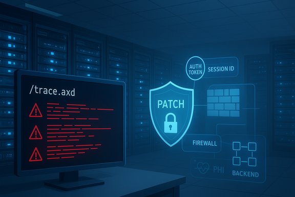 Data center scene with a monitor showing /trace.axd errors and a glowing PATCH shield with security icons.