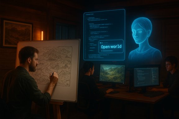 A man sketches a mountainous map on a whiteboard as colleagues work at blue holographic displays.