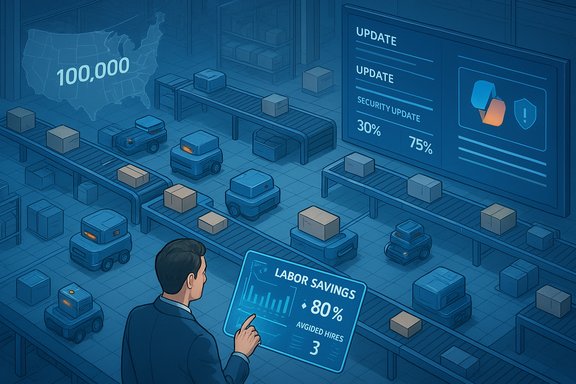 A manager oversees a robot-powered warehouse with conveyors and a dashboard showing 80% labor savings.