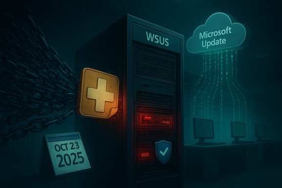 WSUS server guarded by a big yellow plus shield as Microsoft Update streams from the cloud. WSUS server guarded by a big yellow plus shield as Microsoft Update streams from the cloud.